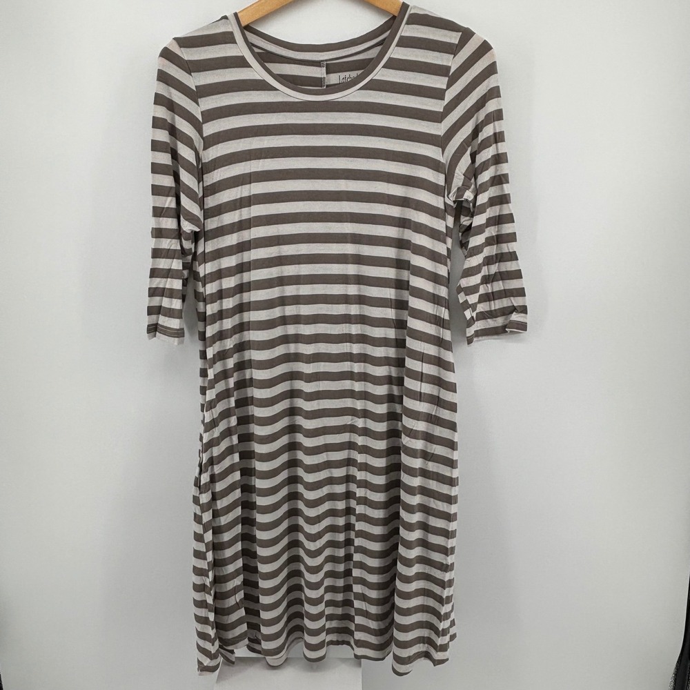 Latched‎ Mama Grey Striped Nursing Dress 3/4 Sleeve Pockets M Breast Feeding